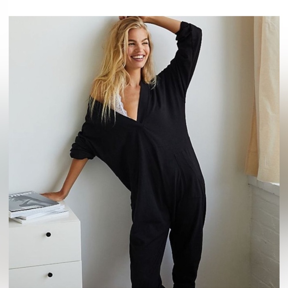 Free People Black Long Sleeve V-Neck Jumpsuit